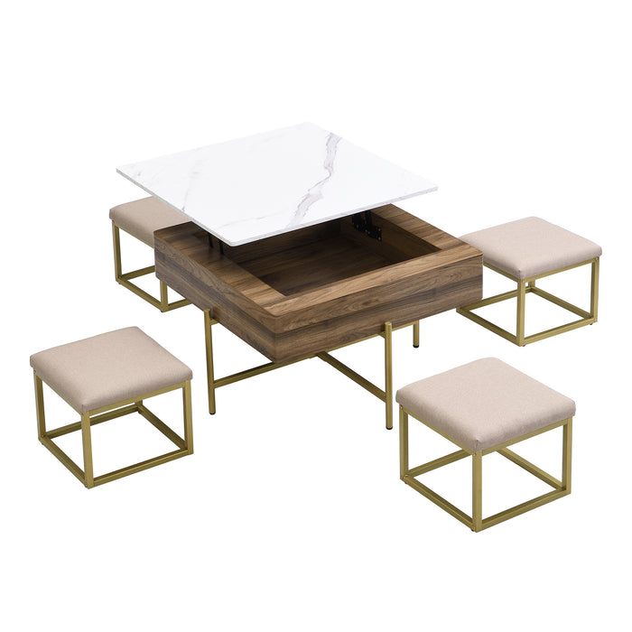 Modern Square Lift-Top Coffee Table Set with Storage & 4 Ottomans White & Walnut - DTYStore
