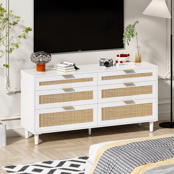 59" Rattan Dresser with Drawers, 6 Drawer Dresser for Bedroom, Clothes Storage Cabinet for Bedroom, Metal Handle&Wood Legs for Hallway, Living Room, Bedroom,White