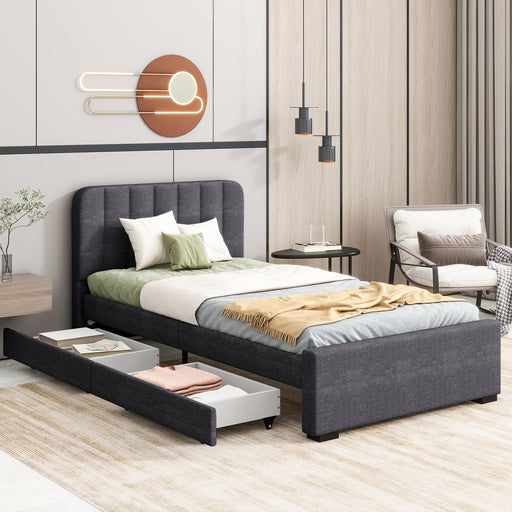 Twin Size Platform Bed Frame with 2 Storage Drawers and Headboard with USB, Linen Fabric Simple Style, Wooden Slats Support, No Box Spring Needed, Grey - DTYStore