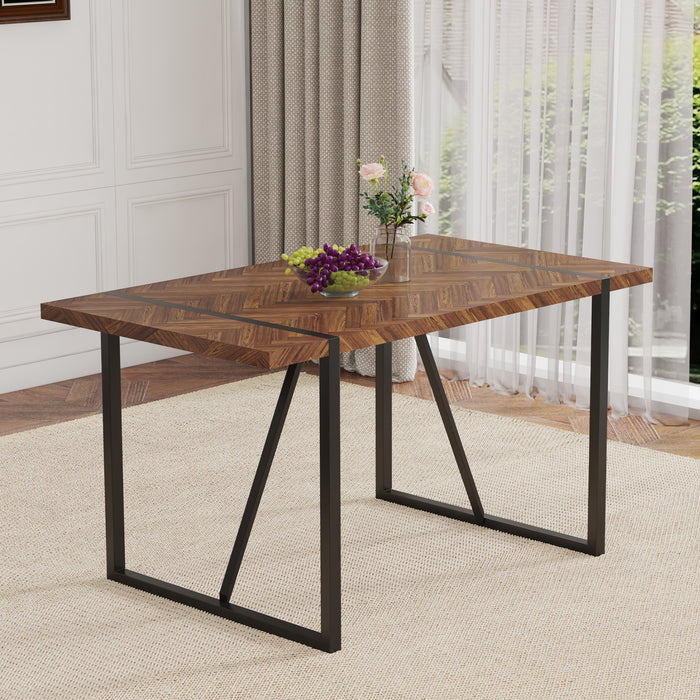 A minimalist retro rectangular dining table with a specially textured top and black metal legs.Contemporary Minimalist MDF Dark Wood Textured Tabletop.Able To Give People A Visual Beauty With Rules. - DTYStore