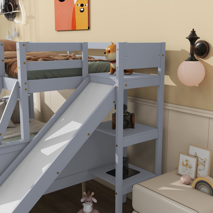Twin over Full Bunk Bed with 2 Drawers, Slide, Shelves, Ladder, Rubber Wood Bunk Bed with Slide, Drawers,Grey(Old Sku:W504S00061) - DTYStore
