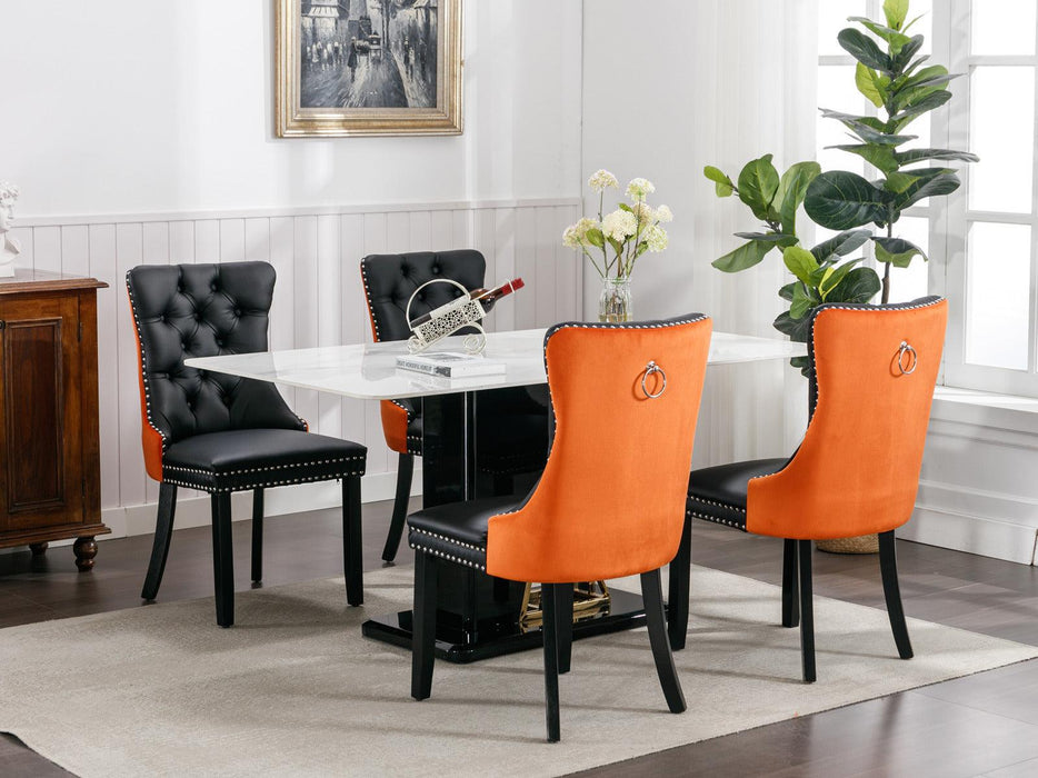 A&A Furniture,Nikki Collection Modern, High-end Tufted Solid Wood Contemporary PU and Velvet Upholstered Dining Chair with Wood Legs Nailhead Trim 2-Pcs Set，Black+Orange