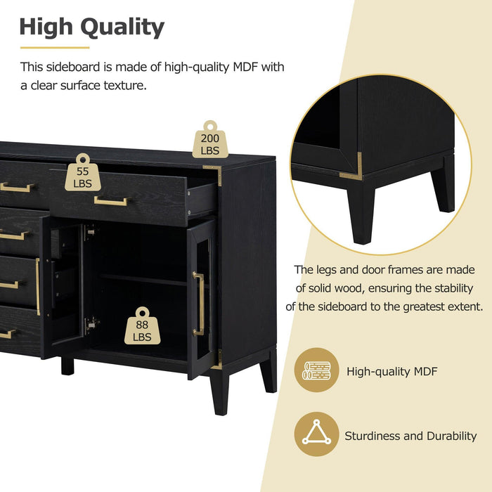 6-drawer and 2-Cabinet Retro Sideboard with Extra Large Storage Space and Gold Handles