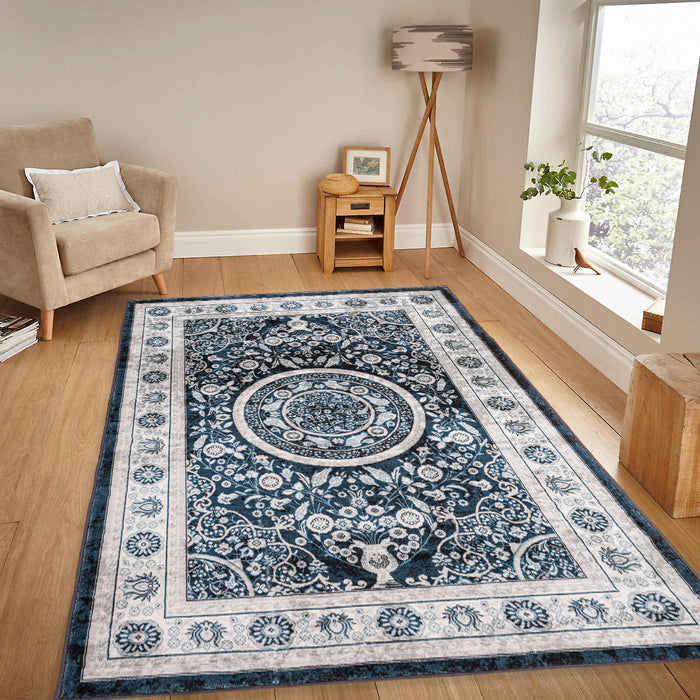 Area Rug 5x7 Vintage Bohemia Large Persian Non-slip Washable Rug For Living Room Kitchen Bedroom Living Room Flower Design Navy Blue - DTYStore