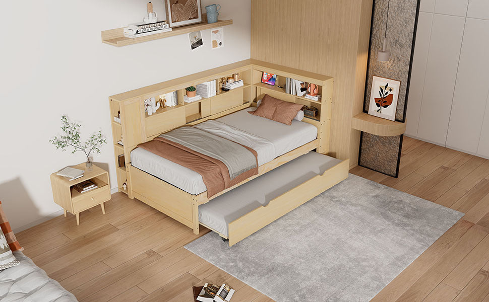 Twin Size Wood Daybed with Storage Shelves, USB and Trundle, Natural - DTYStore