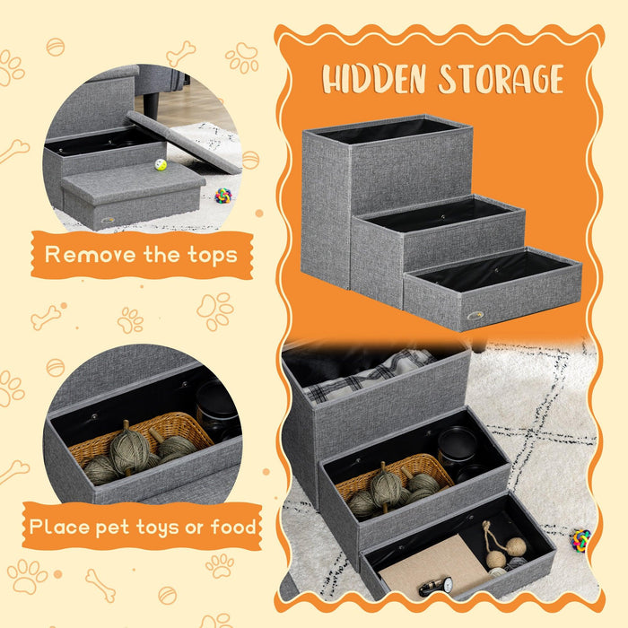 3-Steps Pet Stairs with Storage, Dog Steps for Couch, Bed, Pet Steps for Injured Pet, Older Pets, Small Cats, gray