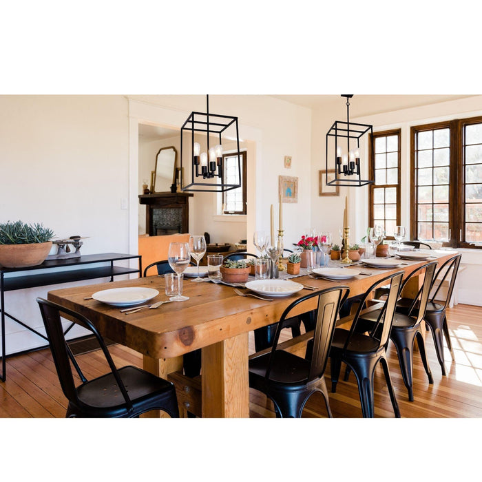 4 Light Large Industrial Metal Farmhouse Pendant Light Black Square Wide Cage Chandelier with Painted Finish