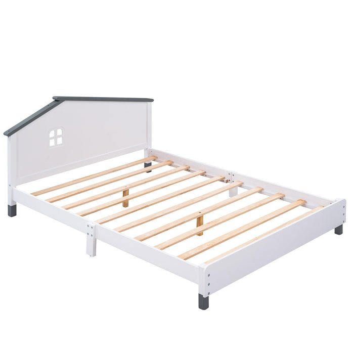 Full Size Wood Platform Bed with House-shaped Headboard (White+Gray)