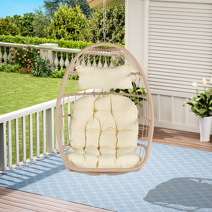 Outdoor Garden Rattan Egg Swing Chair Hanging Chair Wood+Khaki - DTYStore