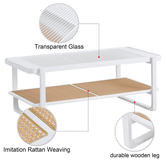 Modern Minimalist White Double Layered Solid Wood Coffee Table. Glass tabletop, imitation rattan edge table. Rectangular table suitable for living room, dining room, and bedroom