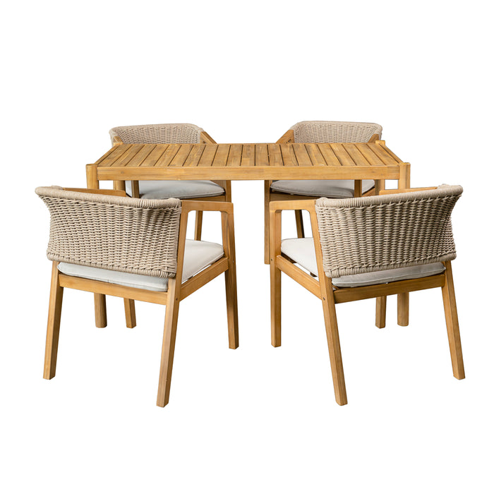 Acacia Wood Outdoor Dining Set of 5, Dining Furniture Set with 1 Table 4 Chairs, Teak and Beige - DTYStore