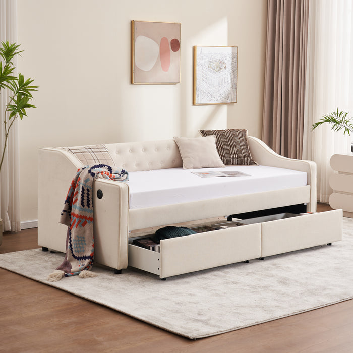 Twin Size Upholstered Daybed with Storage Drawers, Solid Wood Sofábed Bed Frame with Velvet Fabric & Wood Slat Support for Bedroom, Living Room, Office,Beige - DTYStore