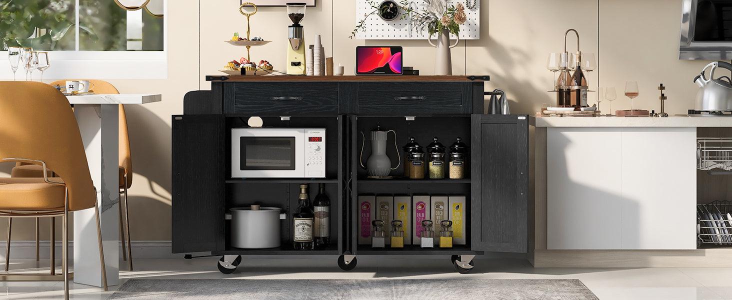 K&K 53.5''Farmhouse Kitchen Island with Power Outlet, Kitchen Storage Island with Drop Leaf, Spice Rack and Drawer, Rolling Kitchen Cart on Wheels, for Home, Kitchen and Dining Room, Black