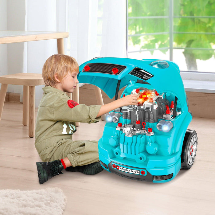 Kids Truck Engine Toy, Kids Mechanic Car Repair Set, Engine Disassembly Play Workshop, Includes 61 Pieces, Steering Wheel, Horn, Light for 3-5 Years Old, Teal