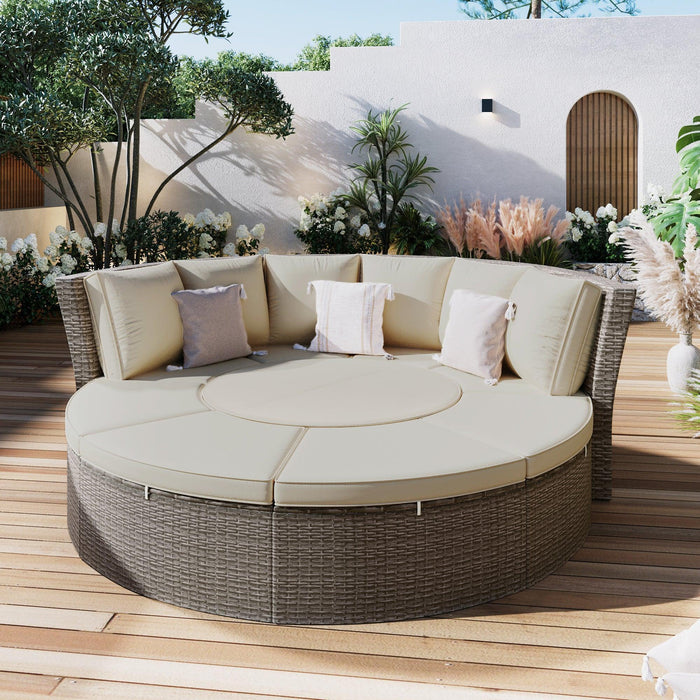 Patio 5-Piece Round Rattan Sectional Sofa Set All-Weather PE Wicker Sunbed Daybed with Liftable Table and Washable Cushions for Outdoor Poolside