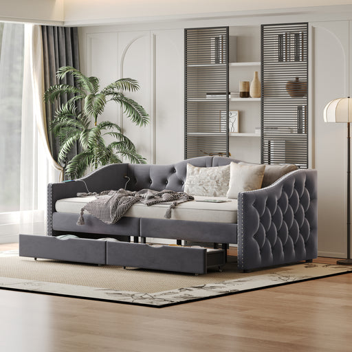 Upholstered Daybed with Storage Drawers, Wood Daybed Twin Size, No Box Spring Needed, Grey - DTYStore