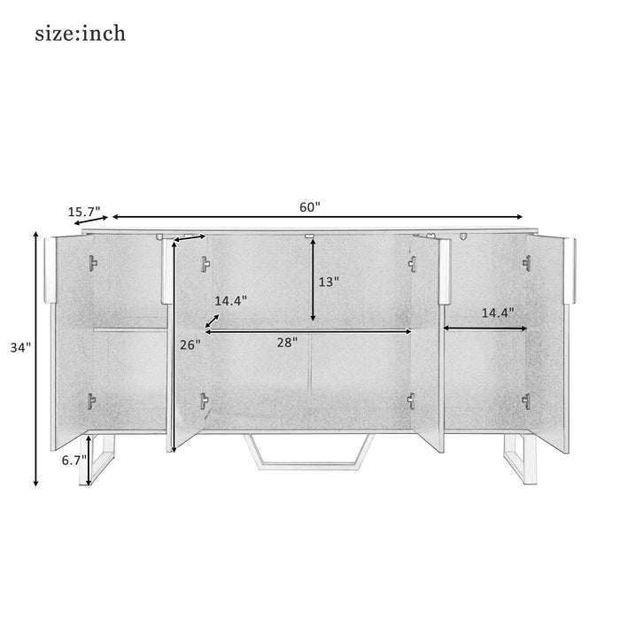 Modern Sideboard with Four Doors, Metal Handles & Legs, Adjustable Shelves Kitchen Cabinet