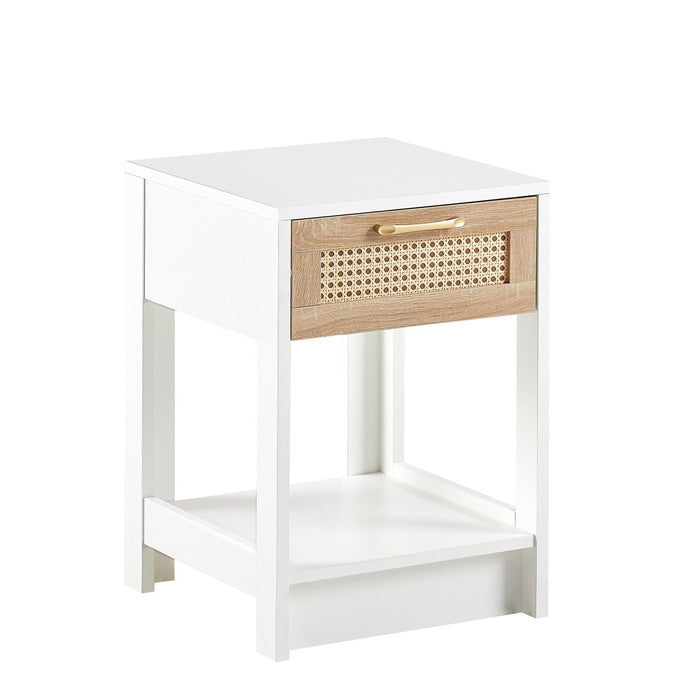 15.75" Rattan End table with drawer, Modern nightstand, side table for living room, bedroom,white - DTYStore