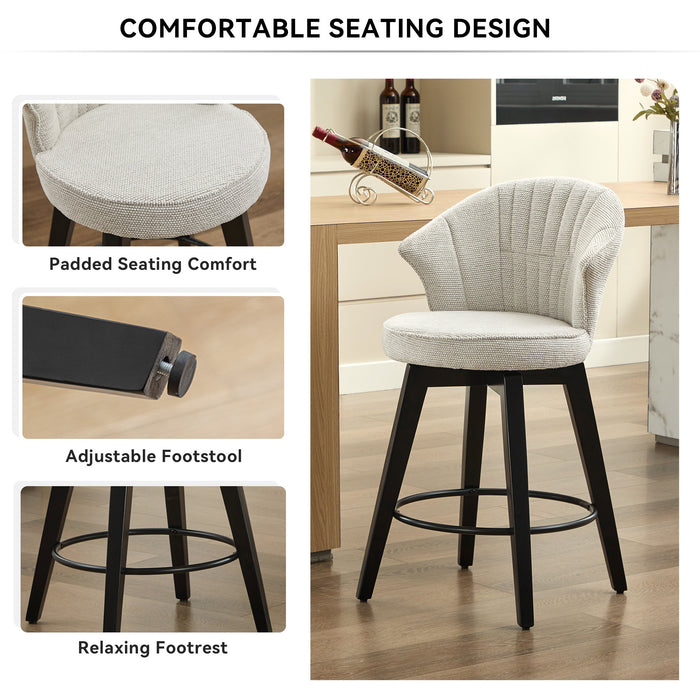 008-Wing Back Swivel Bar Stools Set of 2 - 25' Counter Height Adjustable Stools with Solid Wood Legs & Chenille Upholstery, Leveling Feet for Kitchen Island, Home Pub or Dining Room, White - DTYStore