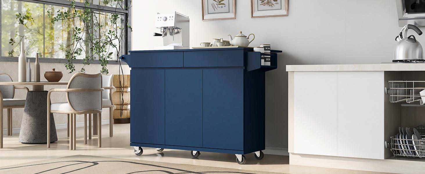 K&K 53.2'' Kitchen Island with Drop Leaf, Kitchen Storage Cart with Spice Rack, Towel Rack and 2 Drawers, Rolling Kitchen Island on Wheels with Adjustable Shelves for Kitchen, Dining Room, Navy Blue