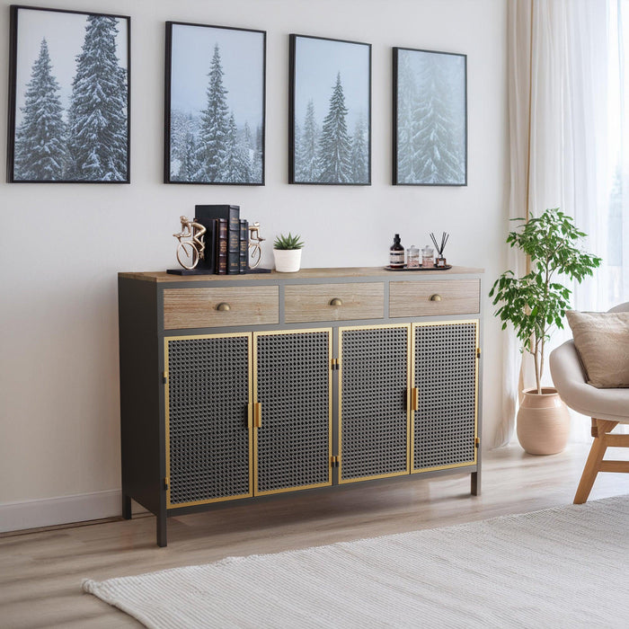 48" Wide 4 Doors Modern Sideboard with 3 Top Drawers, Freestanding Sideboard Storage Cabinet Entryway Floor Cabinet for Living Room Office Bedroom