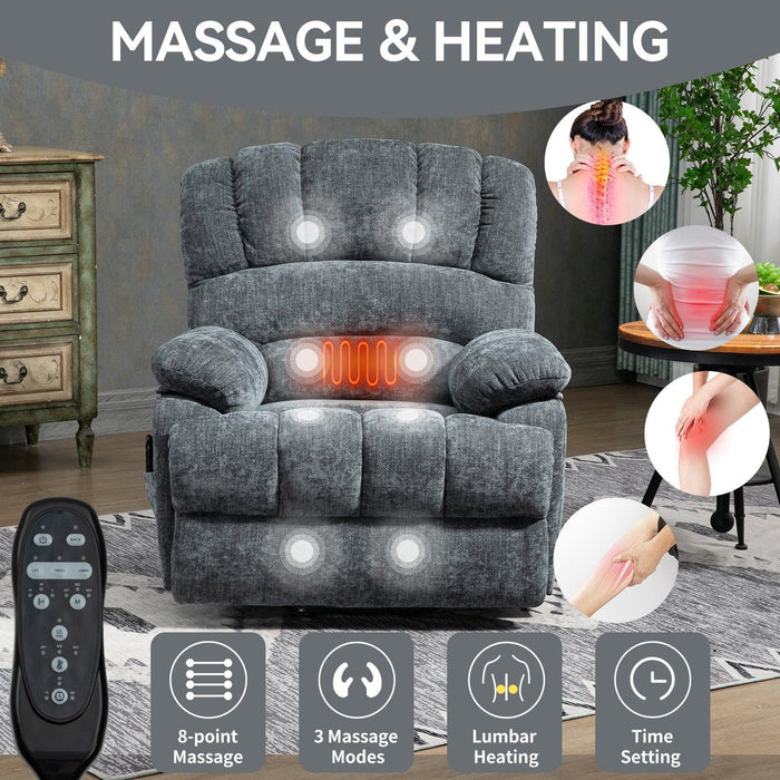 Large Size Chenille Power Lift Recliner Chair with 8-Point Vibration Massage and Lumbar Heating