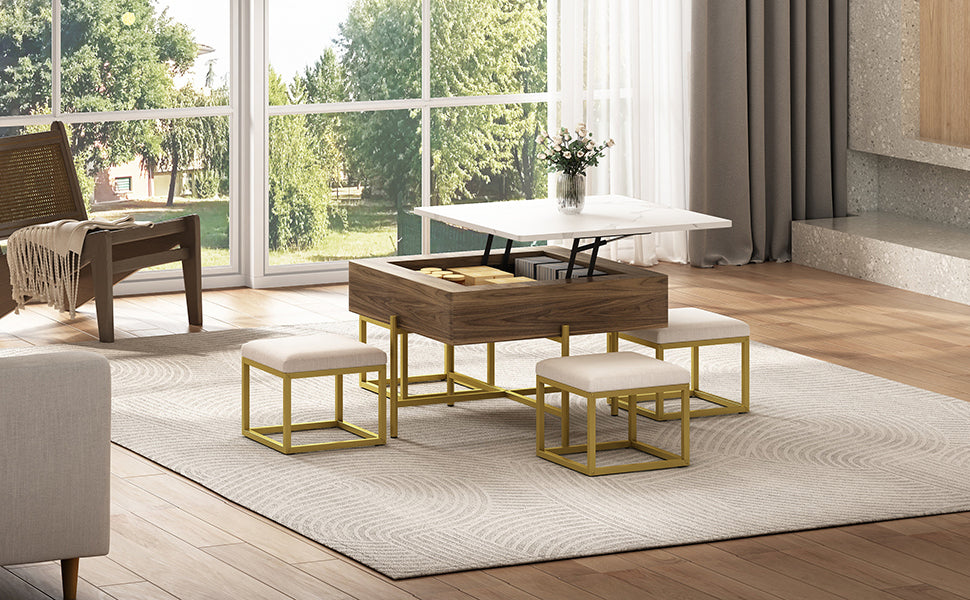 Modern Square Lift-Top Coffee Table Set with Storage & 4 Ottomans White & Walnut - DTYStore