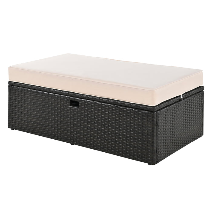 2-Piece Outdoor Rattan Daybed, Outdoor Bed with 5 Positions, Outdoor Loveseat Patio Sofa with Bench Lounge Roof Set and Cushions for Poolside, Backyard and Garden (Brown Wicker + Beige Fabric) - DTYStore