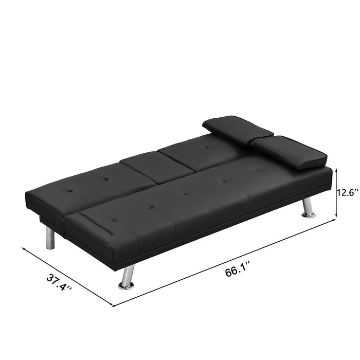 Sofa Bed with Armrest two holders WOOD FRAME, STAINLESS LEG, FUTON BLACK PVC