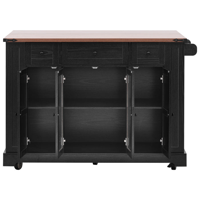 53'' Farmhouse Kitchen Island with Two Tempered Glass Cabinet Doors, Power Outlet, Rolling Kitchen Cart on Wheels with Drop Leaf, 5 Open Side Racks, 3 Drawers, for Kitchen, Dining Room, Black - DTYStore