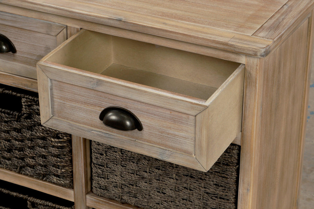 Rustic Storage Cabinet with Two Drawers and Four Classic Rattan Baskets for Living Room