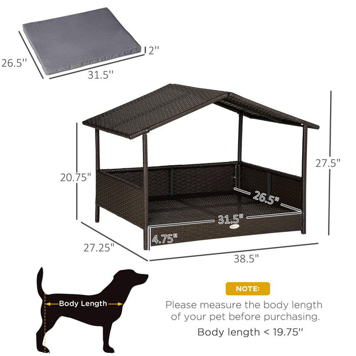 Wicker Dog House Outdoor with Canopy, Rattan Dog Bed with Water-resistant Cushion, for Small and Medium Dogs, Gray - DTYStore