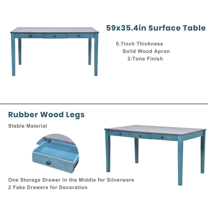 Mid-Century 6-Piece Wood Dining Table Set, Kitchen Table Set with Drawer, Upholstered Chairs and Bench, Antique Blue