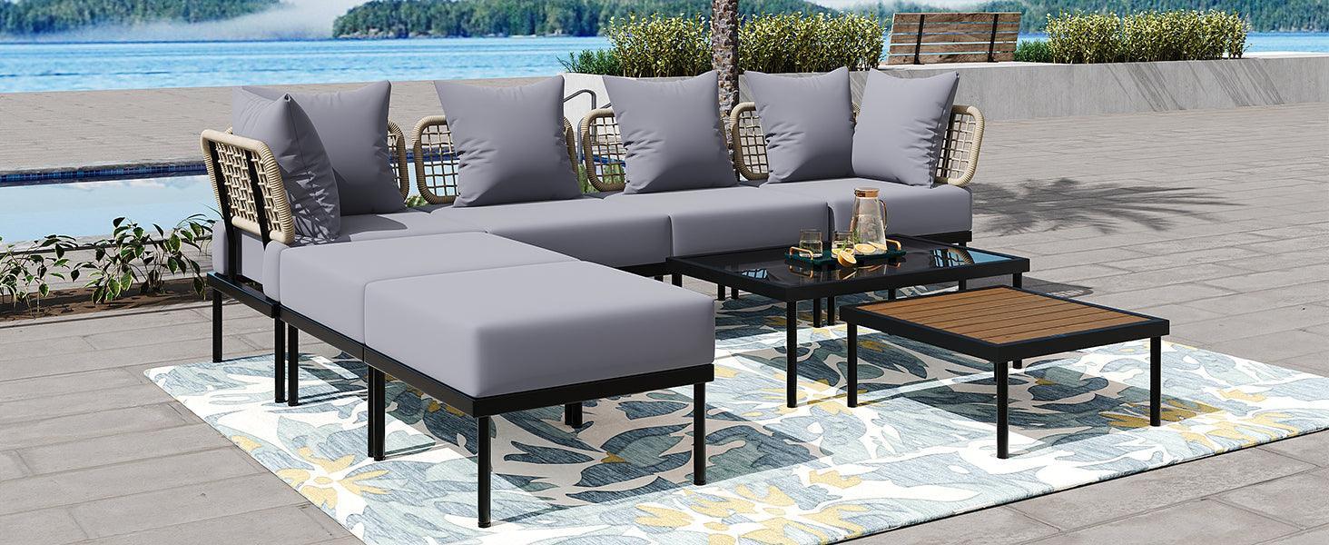 8-Piece Patio Sectional Sofa Set with Tempered Glass and Wooden Coffee Tables for Outdoor Oasis