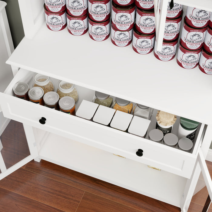 71' Pantry Storage Cabinet with Microwave Oven Countertop, Freestanding Hutch Cabinet with 3 Adjustable Shelves, 5 glass Doors and 1 Large Drawer-White - DTYStore