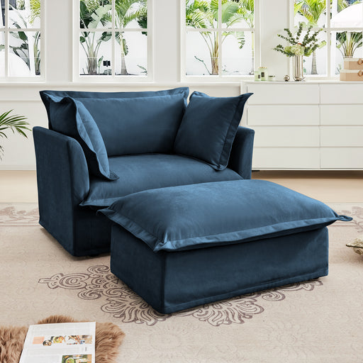 Upholstered Slipcovered Armchair with Ottoman, Deep Seat Armchair W/ Wide Ottoman for Living Room, Armchair Sets with Large Soft Pillows(Set of 2),Chenille Fabric,Blue - DTYStore