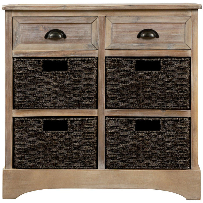 Rustic Storage Cabinet with Two Drawers and Four Classic Rattan Baskets for Living Room