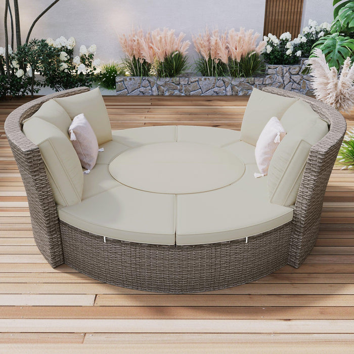 Patio 5-Piece Round Rattan Sectional Sofa Set All-Weather PE Wicker Sunbed Daybed with Liftable Table and Washable Cushions for Outdoor Poolside