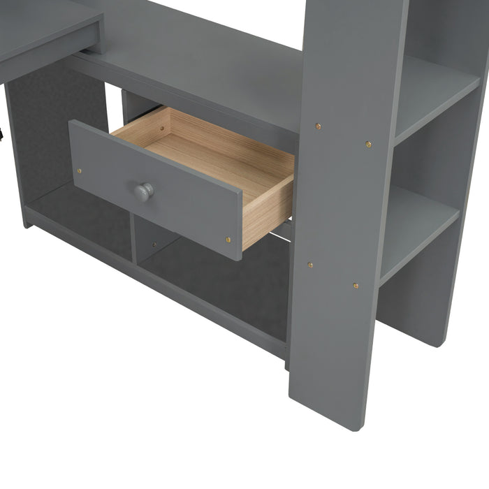 Wood Twin Size Gaming Loft Bed with Desk, Multi-storage Shelves, LED and Charging Station, Dark Gray - DTYStore
