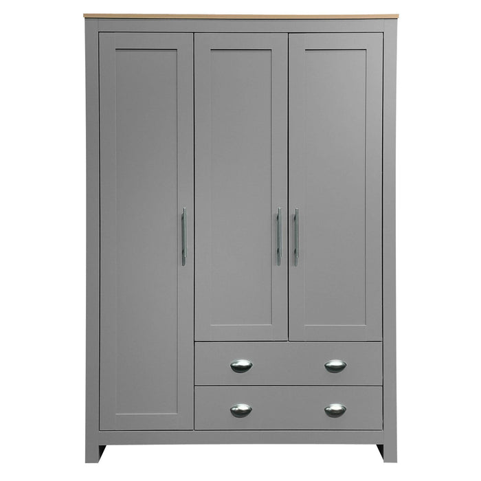 Three Door Storage Wardrobe with Cabinets and Two Hanging Rods,Gray