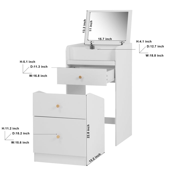 Small Vanity Desk with Mirror - White Makeup Vanitys Set Make up Table with Chair, Drawers, Mini Space Saving Cute Dressing Table for Girls Bedroom Living room