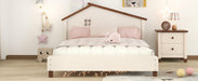 Full Size Wood Platform Bed with House-shaped Headboard (Cream+Walnut)