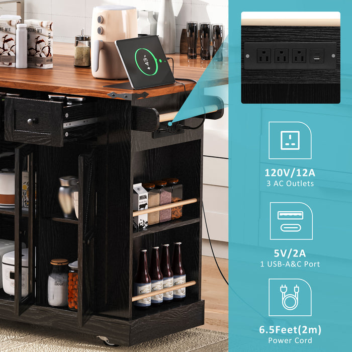 53'' Farmhouse Kitchen Island with Two Tempered Glass Cabinet Doors, Power Outlet, Rolling Kitchen Cart on Wheels with Drop Leaf, 5 Open Side Racks, 3 Drawers, for Kitchen, Dining Room, Black - DTYStore