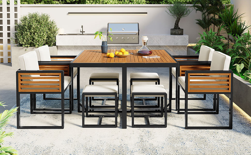 GO 9-Pieces Acacia Wood Patio Dining Set, Space Saving Outdoor Patio Set, 4 Cushioned Chairs & 4 Ottomans & 1 Square Table, for Backyard, Garden, Deck and Poolside, Beige - DTYStore
