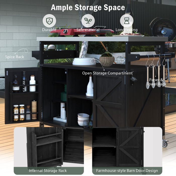 Outdoor Kitchen Island, Rolling Bar Cart & Storage Cabinet, Farmhouse Solid Wood Outdoor Grill Table with Stainless Steel Top, Spice Rack , Towel Rack for Kitchen & Barbecue, Black - DTYStore