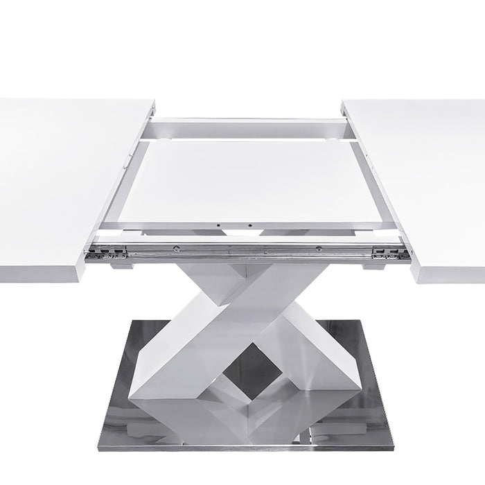 Modern Square Dining Table, Stretchable, White Table Top+MDF X-Shape Table Leg with Metal Base