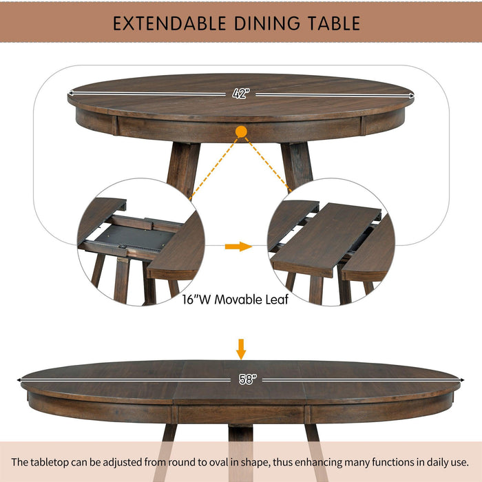 5-Piece Retro Functional Dining Set, Round Table with 16"W Leaf and 4 Upholstered Chairs