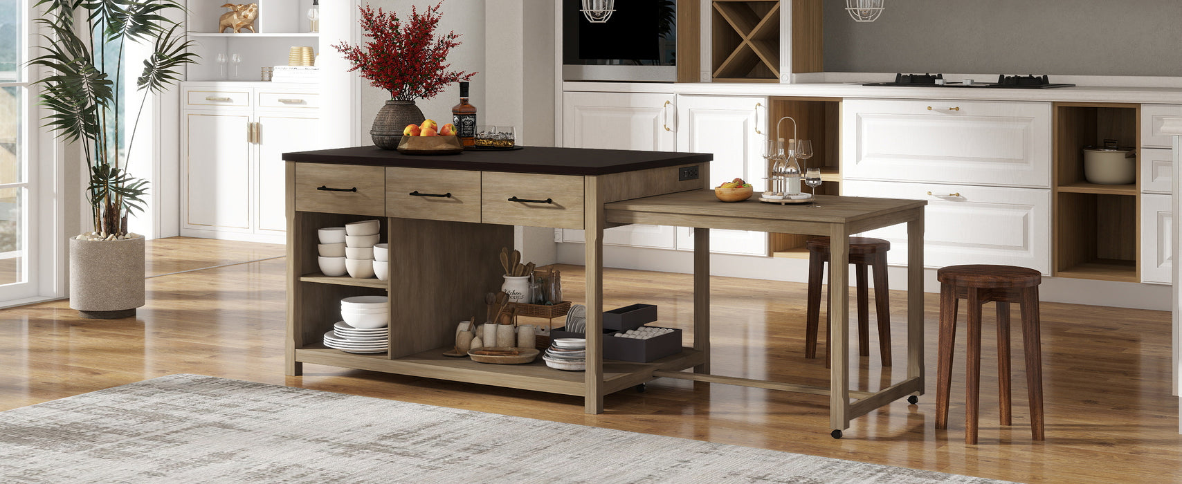 Extendable Kitchen Island with Storage, Multi-Functional Kitchen Cart with Built-In Power Outlets, Retro Kitchen Island on Wheels with Drawers and Open Shelves for Kitchen (Espresso+Natural) - DTYStore