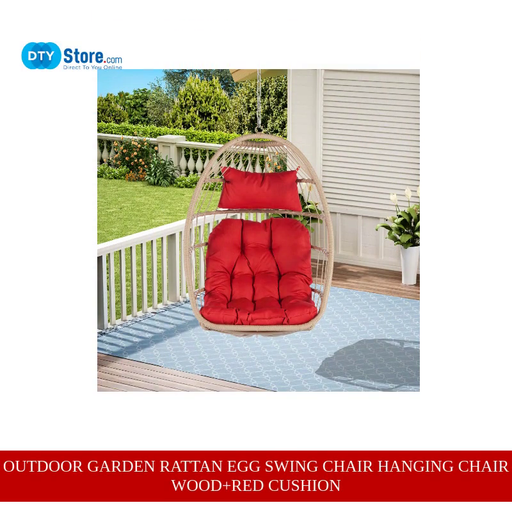 Outdoor Garden Rattan Egg Swing Chair Hanging Chair Wood+Red cushion by@Outfy