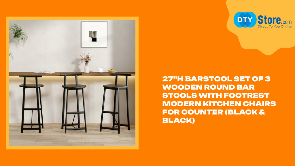 27&#039;&#039;H Barstool Set of 3 Wooden Round Bar Stools with Footrest Modern Kitchen Chairs for Counter (Black &amp; Black) by@Outfy